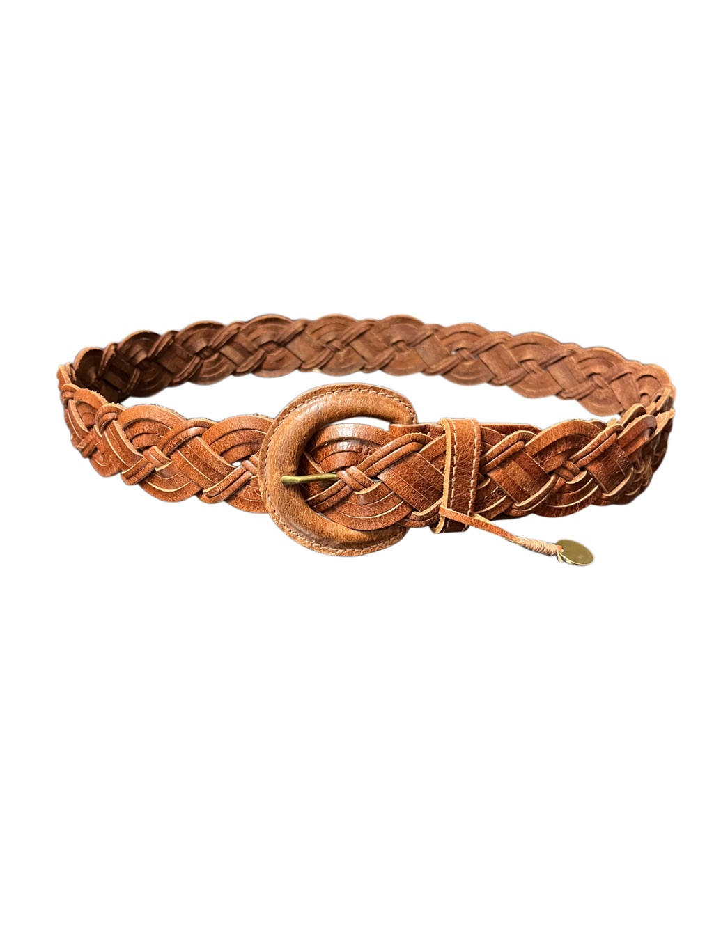 Vtg Tommy Hilfiger Braided Leather Belt M Cognac Tan Round Buckle Y2k